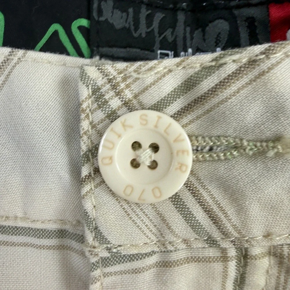 Quiksilver Board Shorts Men 36 Cream Plaid Swim Trunks Surf Beach Embroidery Y2K